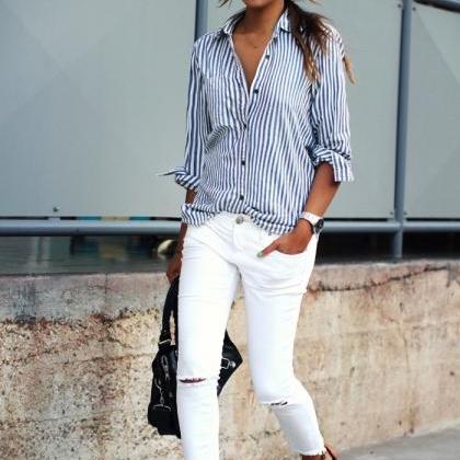 Blue And White Striped Button Down Long Sleeved Shirt on Luulla