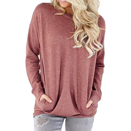 Red Crew Neck Long Cuffed Sleeves Pullover