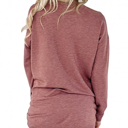 Red Crew Neck Long Cuffed Sleeves Pullover