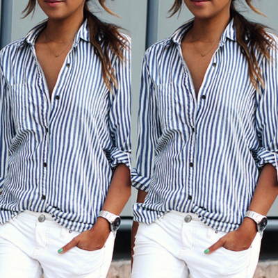 Blue and White Striped Button Down Long Sleeved Shirt 