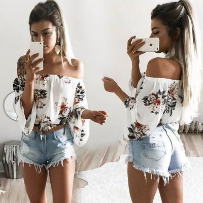 White Floral Print Off-The-Shoulder Long Sleeves Blouse