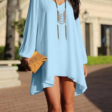 Gorgeous V Neck Light Blue High Low Design Dress UY8