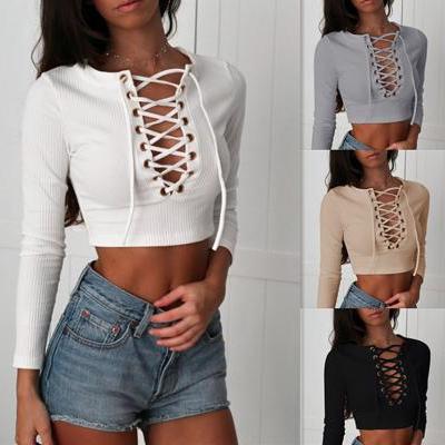 Ribbed Lace-Up Plunge V Long Sleeved Crop Top 