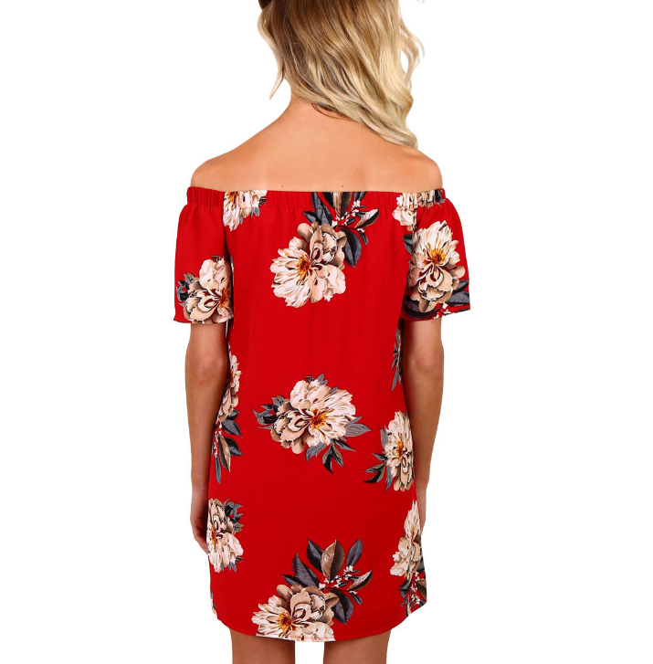 Red Floral Print Elasticised Off-the-shoulder Short Shift Dress on Luulla