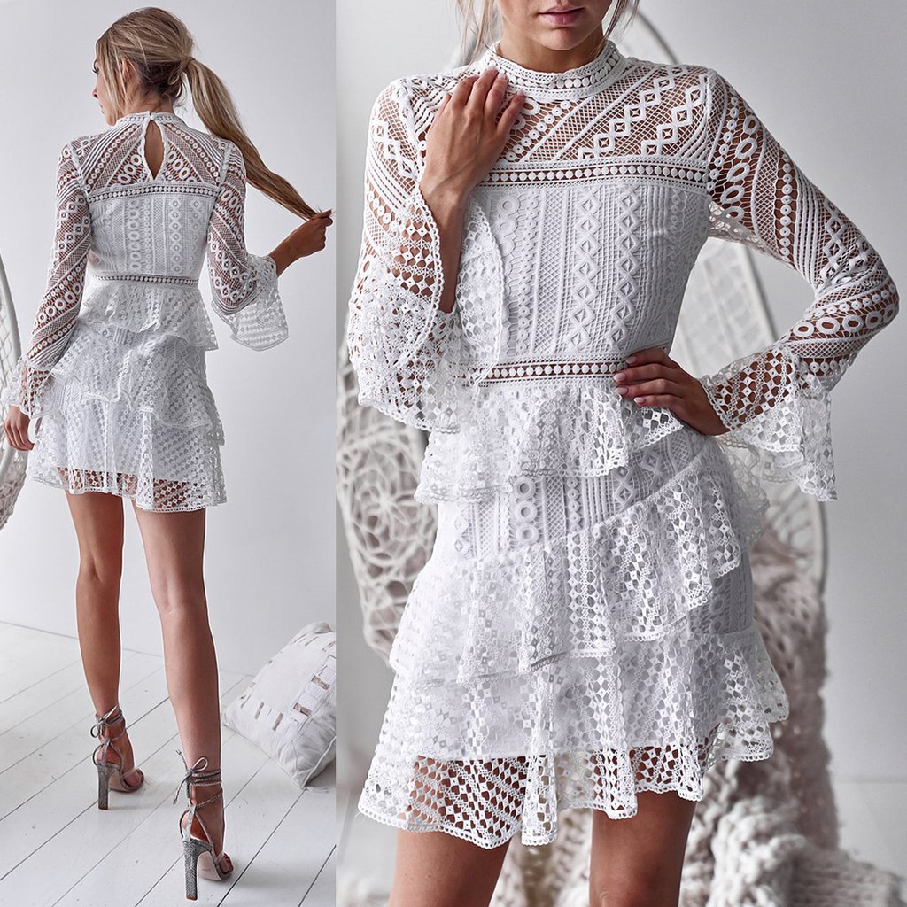 white lace ruffle dress
