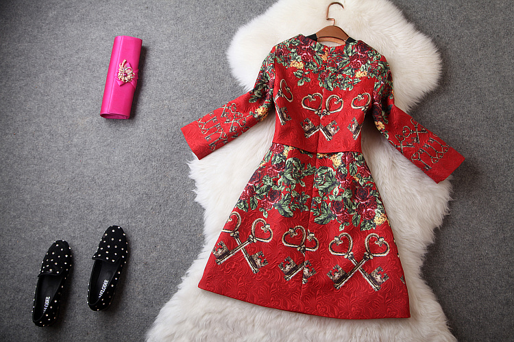 Long Sleeve Floral Dress In Red FG12110JK on Luulla