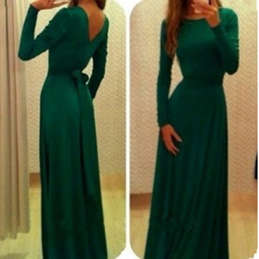 Sexylong Sleeves V Back Backless Ankle Length Dress With Bow