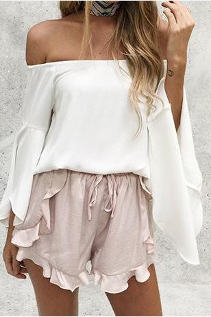 White Chiffon Off Shoulder Top With Flare Long Sleeves