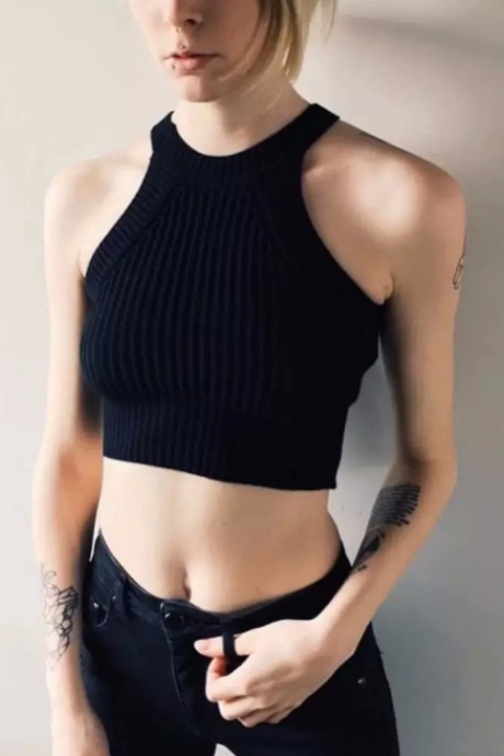 Ribbed Knit Halter Neck Cropped Top