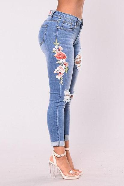 Medium-washed Floral Embroidered High Waisted Distressed Skinny Jeans