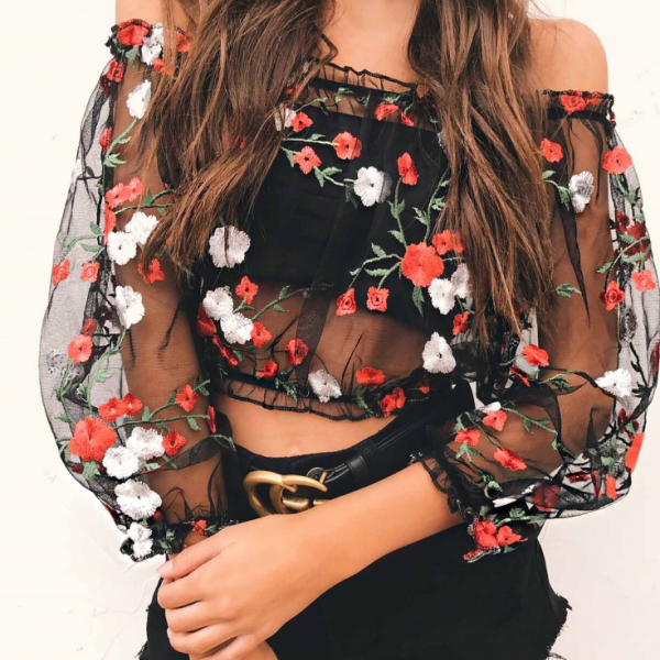 Off-the-shoulder Floral Embroidered Mesh Crop Top With Long Sleeves on ...