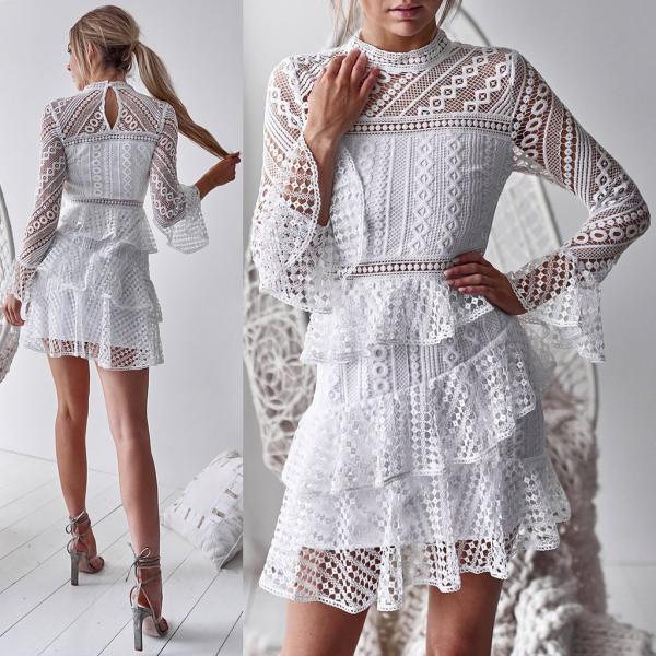 White Lace High Neck Long Sleeves Ruffles Dress on Luulla