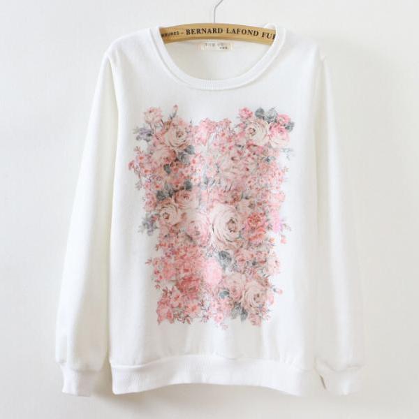 White Printed Round Neck Long-sleeved Sweater DFA51607RE on Luulla